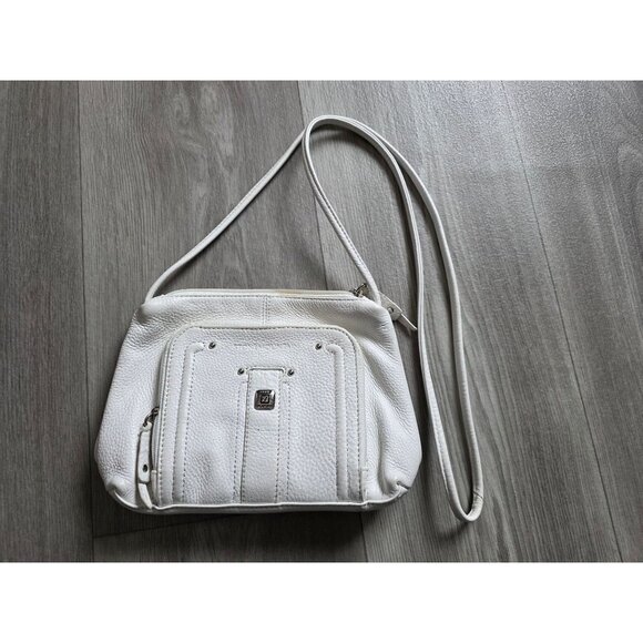 Stone Mountain White Leather Crossbody Bag Adjustable Front Zip Pocket - Picture 1 of 7